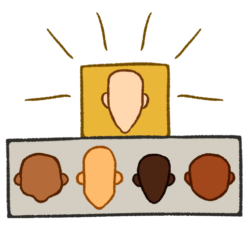 A  drawing of a small gold box above a long silver rectangle. The box contains a pale head and the rectangle contains four heads in various shades of brown. Above the box are six dark gold emphasis lines